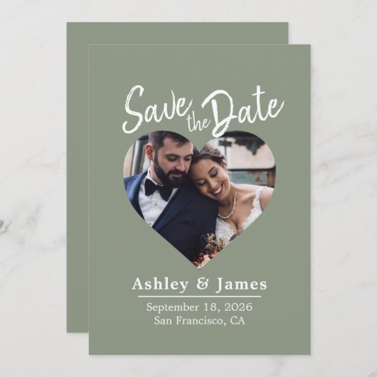 Sage Green Photo Modern Script Save the Date (Voorkant / Achterkant)