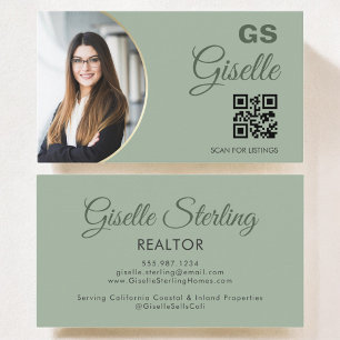 Sage Green Photo Monogram Realtor QR-code Visitekaartje