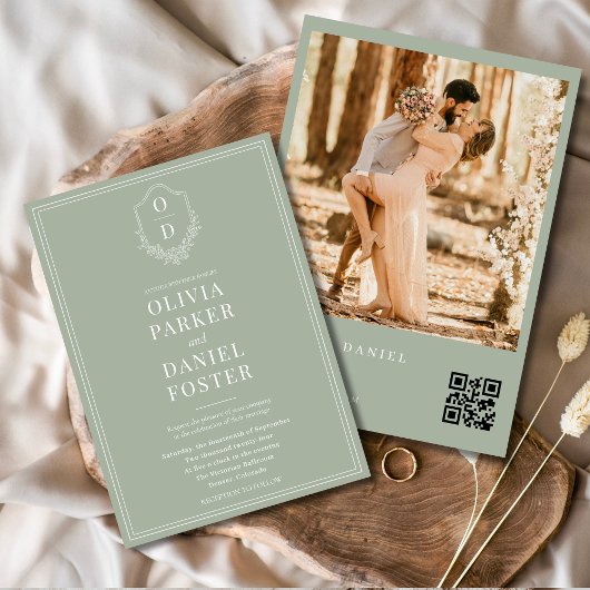 Sage Green Photo QR Code Classic Crest Wedding Kaart