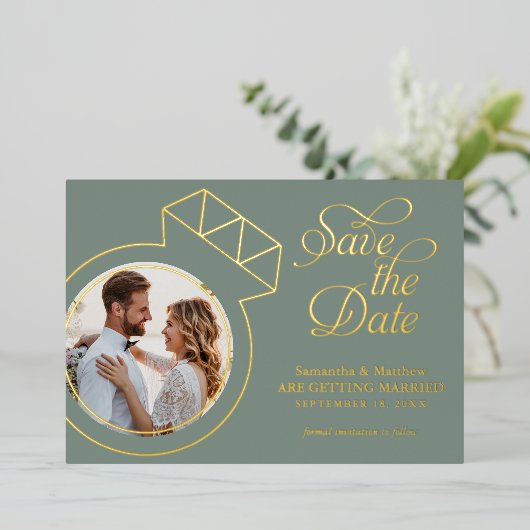 Sage Green Photo Wedding Save the Date Folie Uitnodiging (Staand Voorkant)