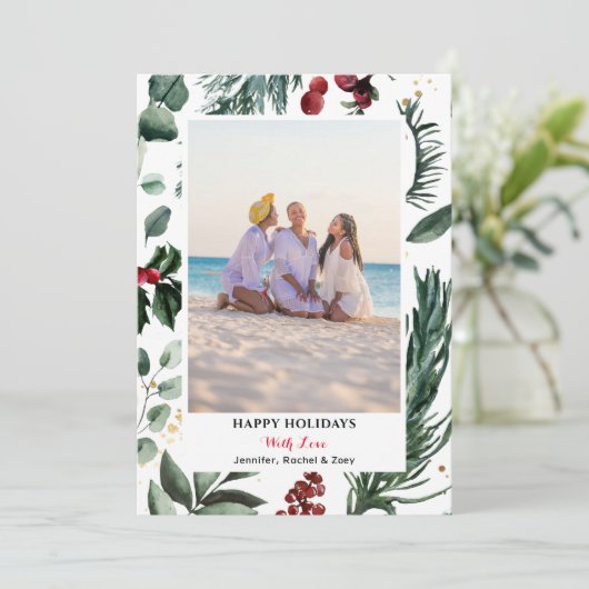 Sage Green Pine Bough Red Berry Vrolijk Kerstfeest Feestdagenkaart (Staand voorkant)