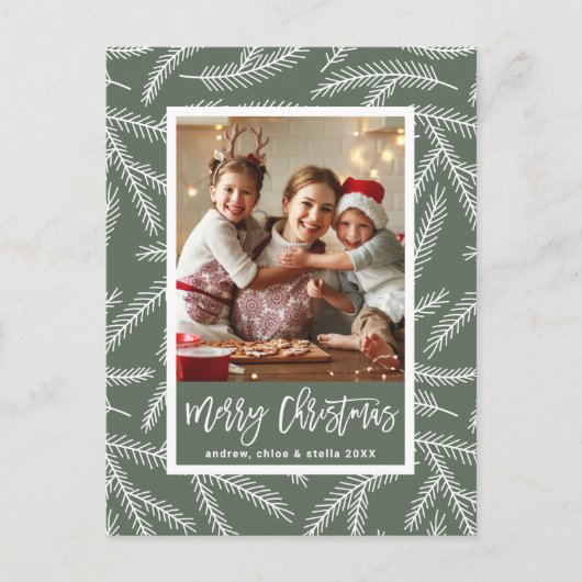 Sage Green | Pine Branch Merry-kerstfoto Feestdagenkaart (Voorkant)