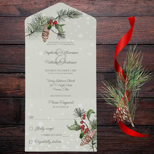 Sage Green Pine & Holly in Sneeuw All In One Uitnodiging