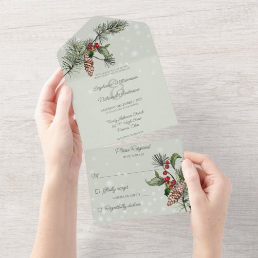 Sage Green Pine & Holly in Sneeuw All In One Uitnodiging (Afscheurbaar)