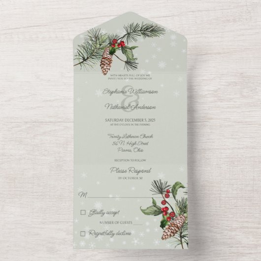 Sage Green Pine & Holly in Sneeuw All In One Uitnodiging (Binnen)