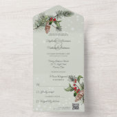 Sage Green Pine & Holly in Sneeuw QR Code All In One Uitnodiging (Binnen)