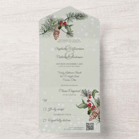 Sage Green Pine & Holly in Sneeuw QR Code All In One Uitnodiging (Binnen)
