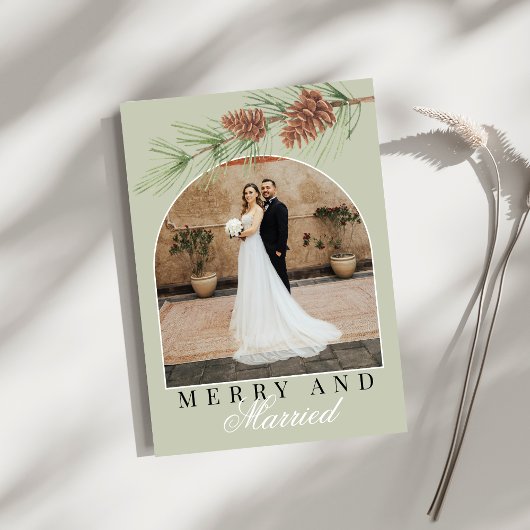 Sage Green Pine Merry & Married Photo Christmas Feestdagenkaart