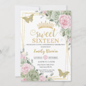 Sage Green Pink Floral Butterflies Gold Sweet 16 Kaart (Voorkant)