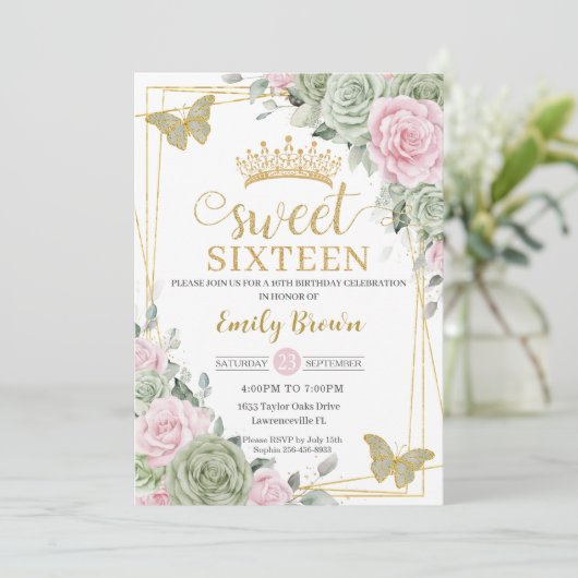 Sage Green Pink Floral Butterflies Gold Sweet 16 Kaart (Staand voorkant)
