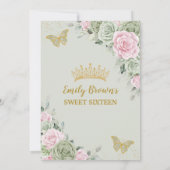 Sage Green Pink Floral Butterflies Gold Sweet 16 Kaart (Achterkant)