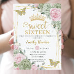 Sage Green Pink Floral Butterflies Gold Sweet 16 Kaart<br><div class="desc">Deze sweet 16 Birthday-uitnodiging is voorzien van een zilveren glitter geometrisch lijst, geadorbeerd door de fijne waterverf groene, bleke roze florale, zachte besproeiing en sage en gouden vlinders. Pas het met uw details gemakkelijk en snel aan, druk eenvoudig de pas het knoop aan om de stijl en de plaatsing van...</div>