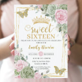 Sage Green Pink Floral Butterflies Gold Sweet 16 Kaart