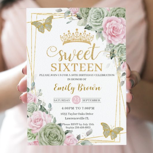 Sage Green Pink Floral Butterflies Gold Sweet 16 Kaart