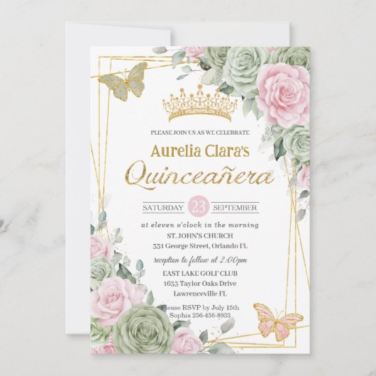 Sage Green Pink Floral Butterflies Quinceañera Kaart (Voorkant)