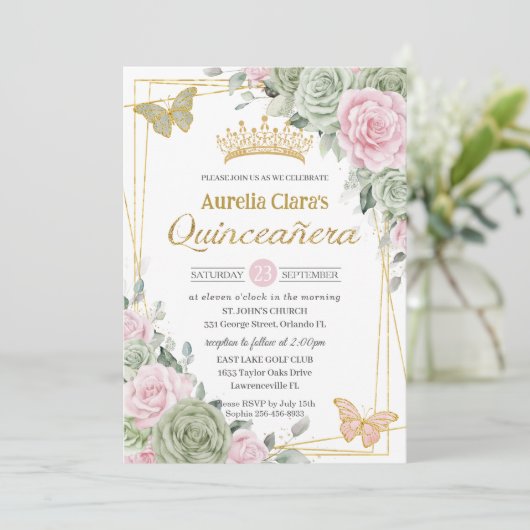 Sage Green Pink Floral Butterflies Quinceañera Kaart (Staand voorkant)