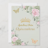 Sage Green Pink Floral Butterflies Quinceañera Kaart (Achterkant)