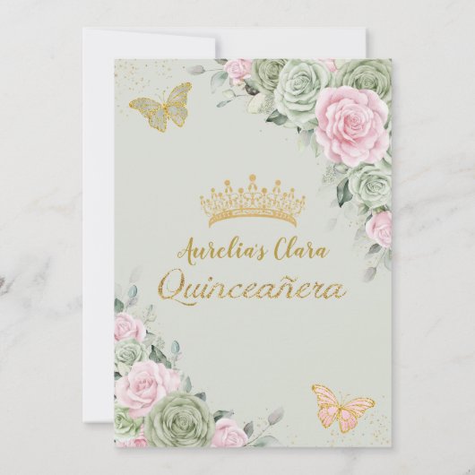 Sage Green Pink Floral Butterflies Quinceañera Kaart (Achterkant)