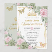 Sage Green Pink Floral Butterflies Quinceañera Kaart (Voorkant / Achterkant)
