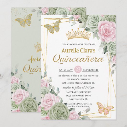 Sage Green Pink Floral Butterflies Quinceañera Kaart (Voorkant / Achterkant)