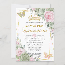 Sage Green Pink Floral Butterflies Quinceañera Kaart