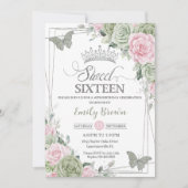Sage Green Pink Floral Butterflies Silver Sweet 16 Kaart (Voorkant)