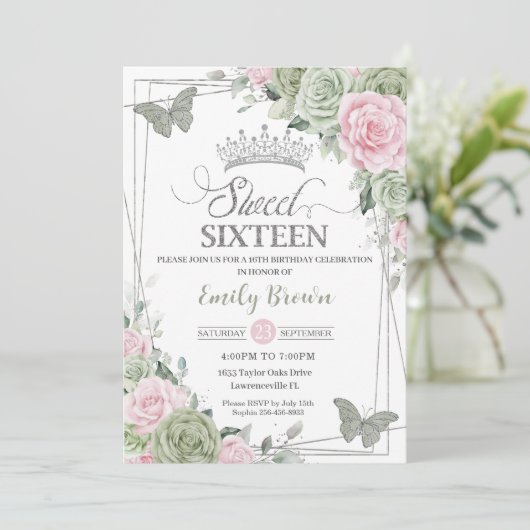 Sage Green Pink Floral Butterflies Silver Sweet 16 Kaart (Staand voorkant)