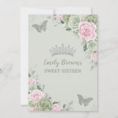 Sage Green Pink Floral Butterflies Silver Sweet 16 Kaart (Achterkant)