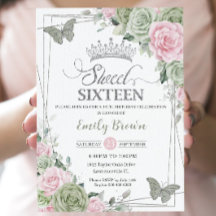 Sage Green Pink Floral Butterflies Silver Sweet 16