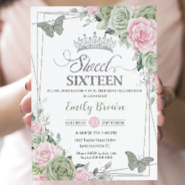 Sage Green Pink Floral Butterflies Silver Sweet 16 Kaart