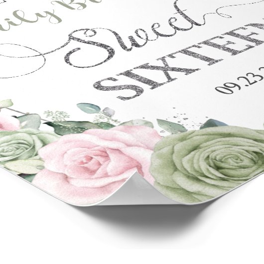Sage Green Pink Floral Butterflies Silver Sweet 16 Poster (Hoek)