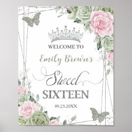 Sage Green Pink Floral Butterflies Silver Sweet 16 Poster