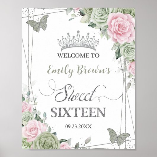 Sage Green Pink Floral Butterflies Silver Sweet 16 Poster (Voorkant)