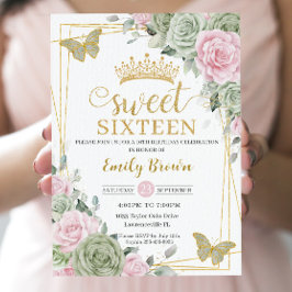 Sage Green Pink Floral Butterflies Sweet 16 Twins Kaart