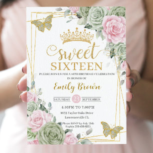 Sage Green Pink Floral Butterflies Sweet 16 Twins Kaart