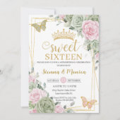 Sage Green Pink Floral Butterflies Sweet 16 Twins Kaart (Voorkant)