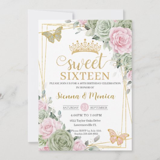Sage Green Pink Floral Butterflies Sweet 16 Twins Kaart (Voorkant)