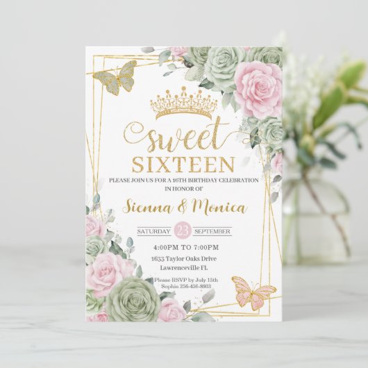 Sage Green Pink Floral Butterflies Sweet 16 Twins Kaart (Staand voorkant)
