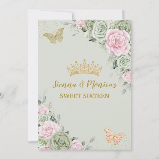 Sage Green Pink Floral Butterflies Sweet 16 Twins Kaart (Achterkant)