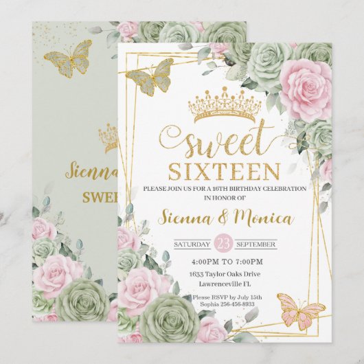 Sage Green Pink Floral Butterflies Sweet 16 Twins Kaart (Voorkant / Achterkant)