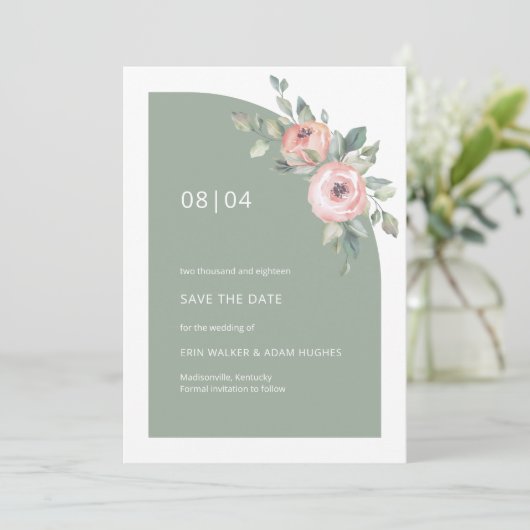 Sage Green Pink Floral Monogram Half Arch Weddensc Save The Date (Staand voorkant)