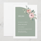 Sage Green Pink Floral Monogram Half Arch Weddensc Save The Date (Voorkant / Achterkant)