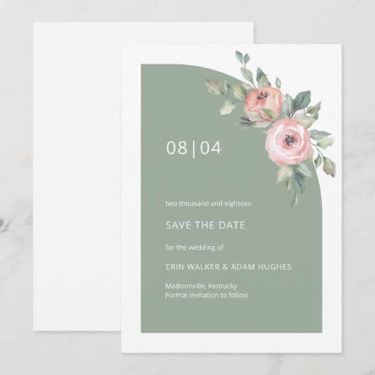 Sage Green Pink Floral Monogram Half Arch Weddensc Save The Date (Voorkant / Achterkant)