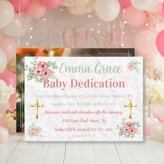 Sage Green & Pink Floral Photo Baby Dedication  Kaart