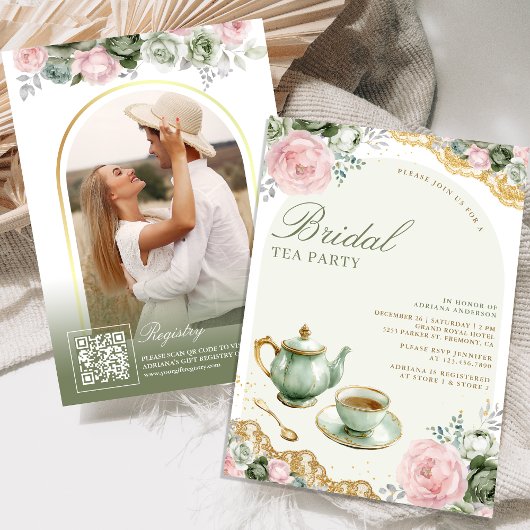 Sage Green Pink Floral Tea Party Vrijgezellenfeest Kaart