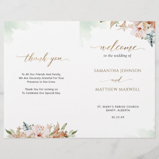 Sage Green Pink Floral Wedding Ceremony Programme (Voorkant)