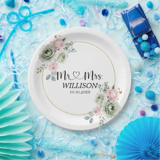 Sage Green & Pink Flowers bruiloft Papieren Bordje (Feest)