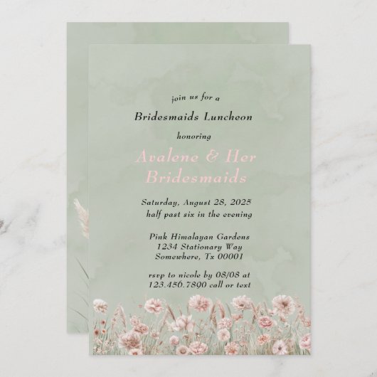 Sage Green Pink Peony Bruidsmeisjes Luncheon Kaart (Voorkant / Achterkant)