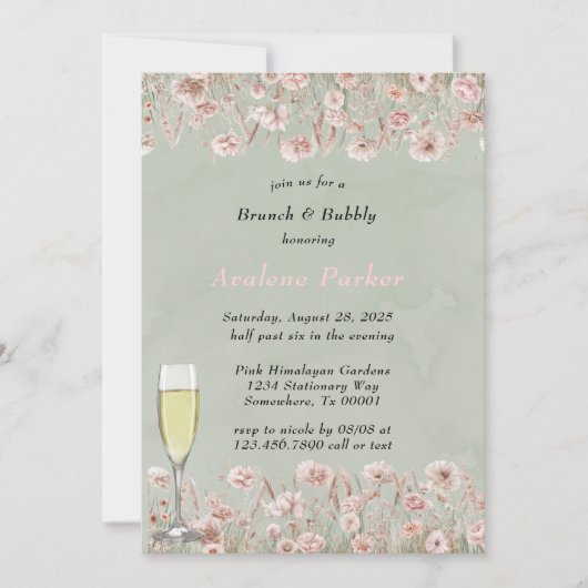 Sage Green Pink Peony Waterverf Brunch & Bubbly Kaart (Voorkant)