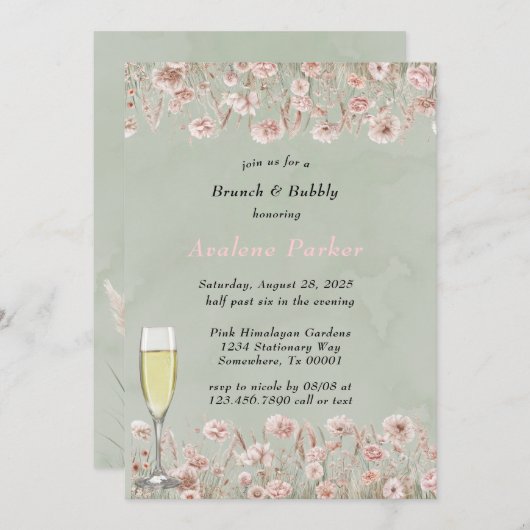 Sage Green Pink Peony Waterverf Brunch & Bubbly Kaart (Voorkant / Achterkant)